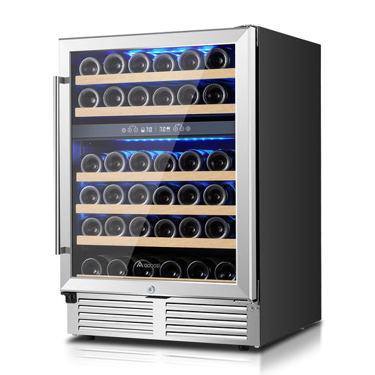 AAOBOSI 46 Bottles Wine Fridge, 24 Inch Wine Cooler with Dual Zone, Freestanding and Built-in Wine Refrigerator with Blue LED Light and Adjustable Shelves