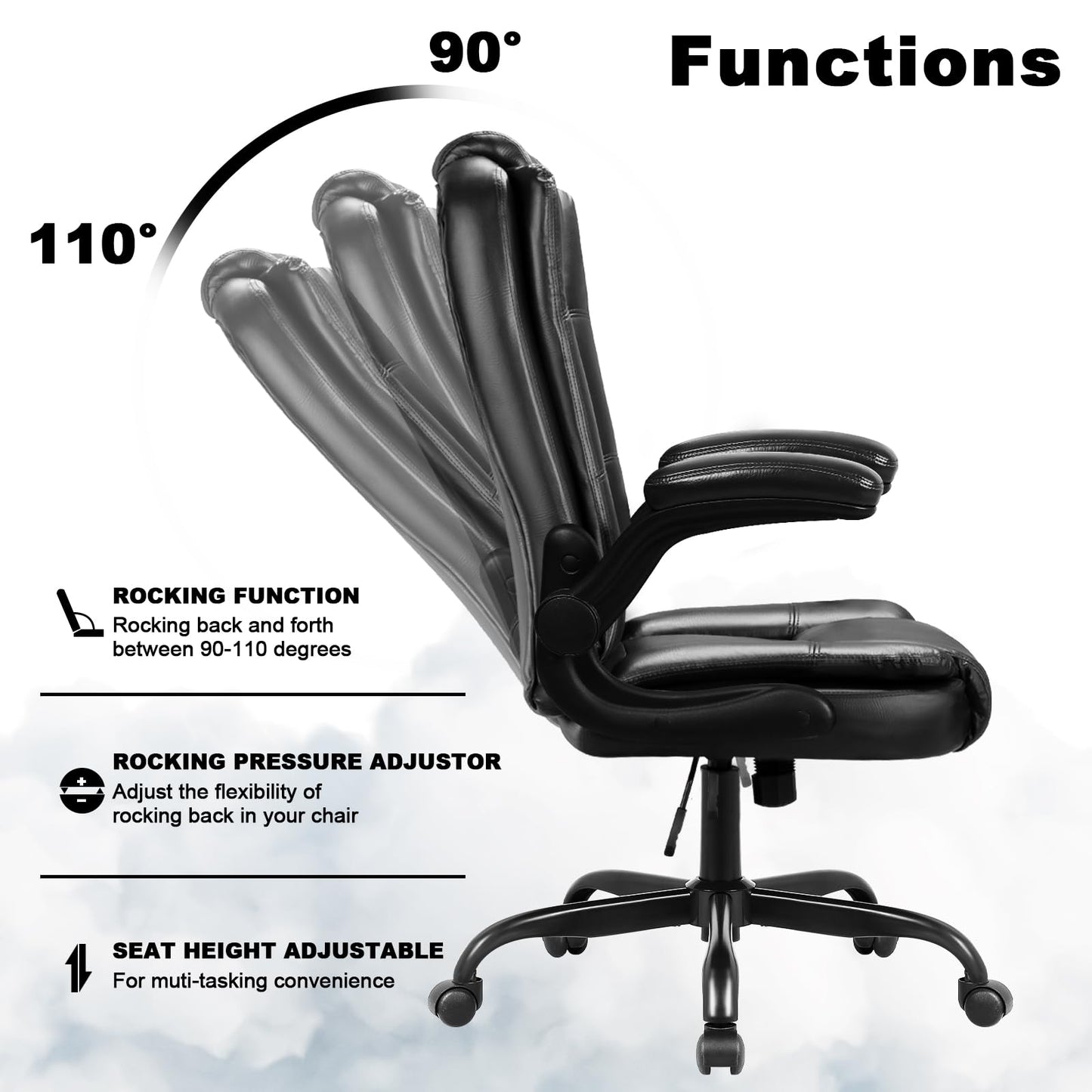 OFIKA Big and Tall Office Chair Computer Desk Chair - Ergonomic High Back Lumbar Support Home Office Chair with Padded Flip-up Arms, Adjustable Height Leather Office Executive Chair (Black)