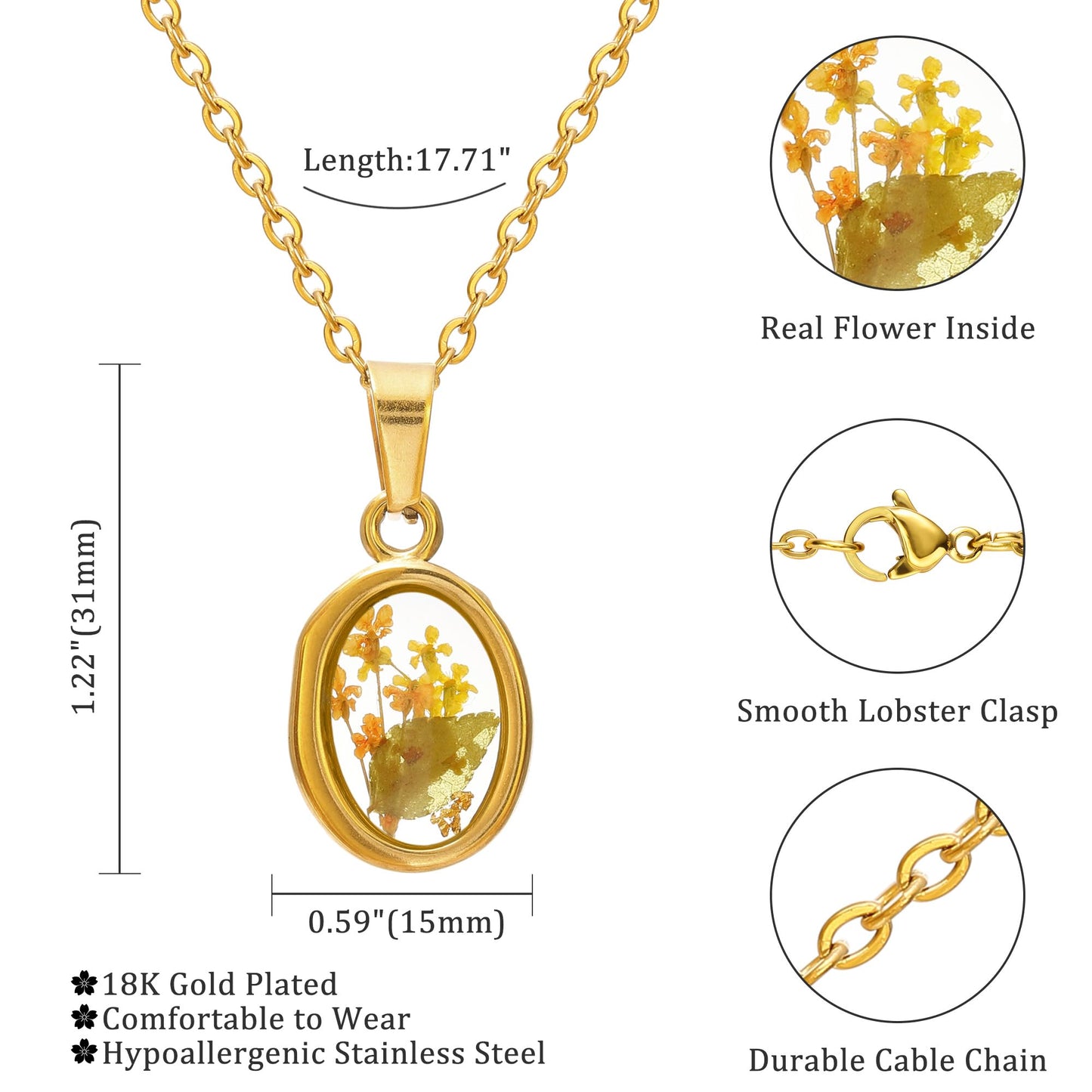 LETFLY Birth Flower Necklaces for Women, 18K Gold Plated Oval Shaped Handmade Floral Pendant, Pressed Flower Necklace Jewelry Gifts Peace