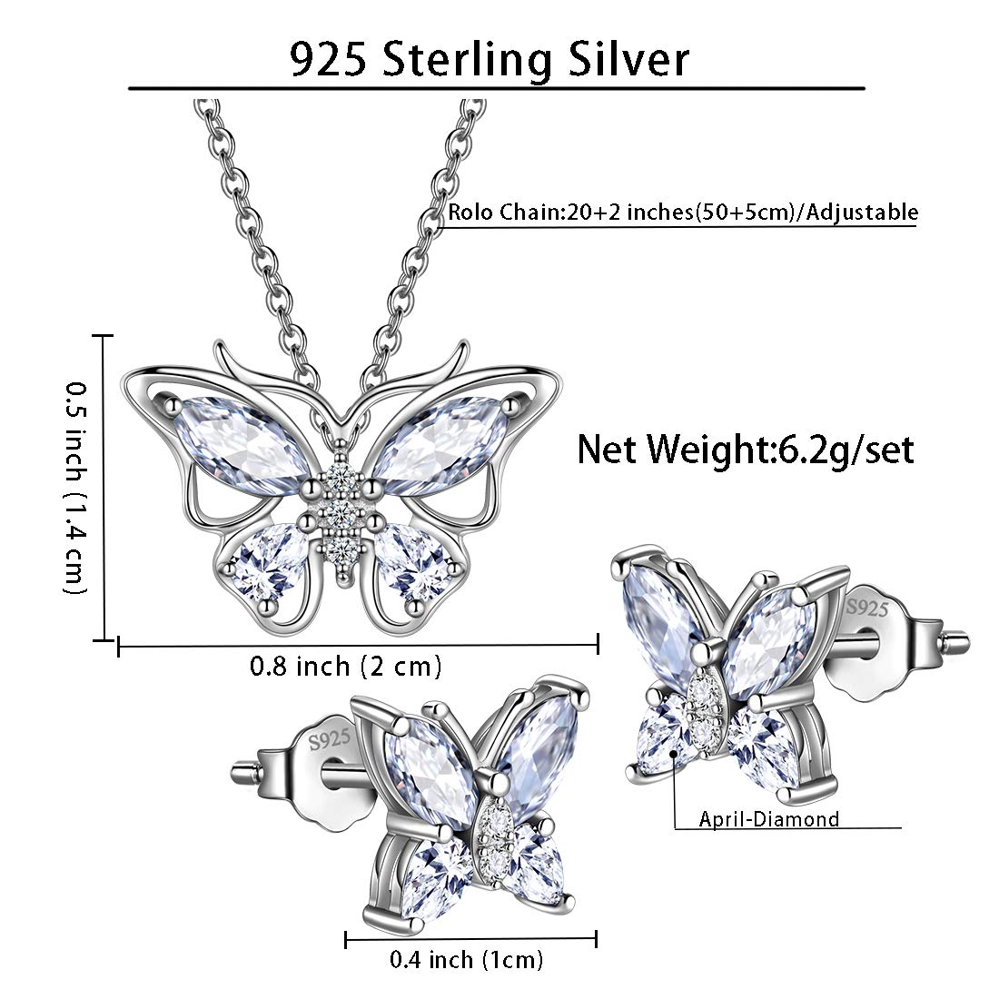 Hipunk Butterfly White Jewelry Sets Birthstone Women 925 Sterling Silver April-Diamond Birth Stone Animal Butterflies Jewelry Sets/Earring Set Crystal Birthday Jewelry SS0001W