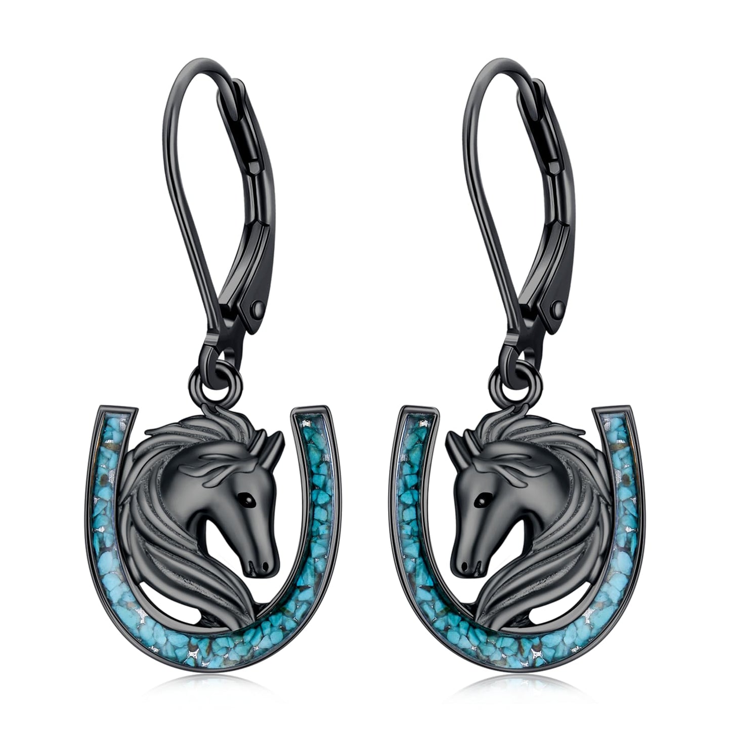 YYmqmq Black Horse Earrings for Women 925 Sterling Silver Turquoise Horseshoe Dangle Earrings Leverback Western Jewelry Horse Gifts for Women Girlfriend Lovers