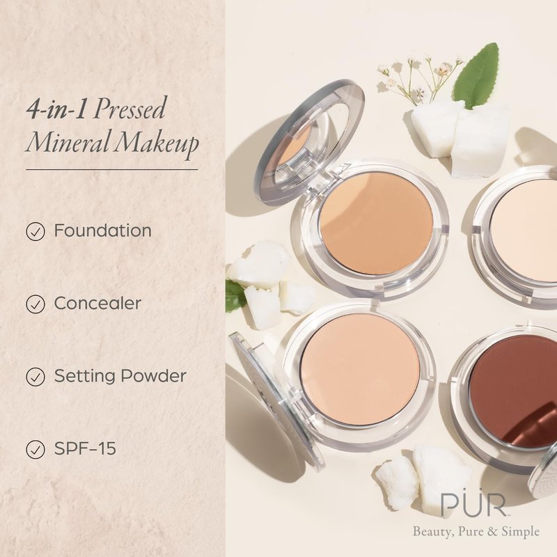 PUR Beauty 4-in-1 Pressed Mineral Makeup Powder Foundation with SPF 15 - Concealer & Finishing Compact Pressed Powder for Face - Buildable Medium to Full Coverage Foundation Powder (Deep)