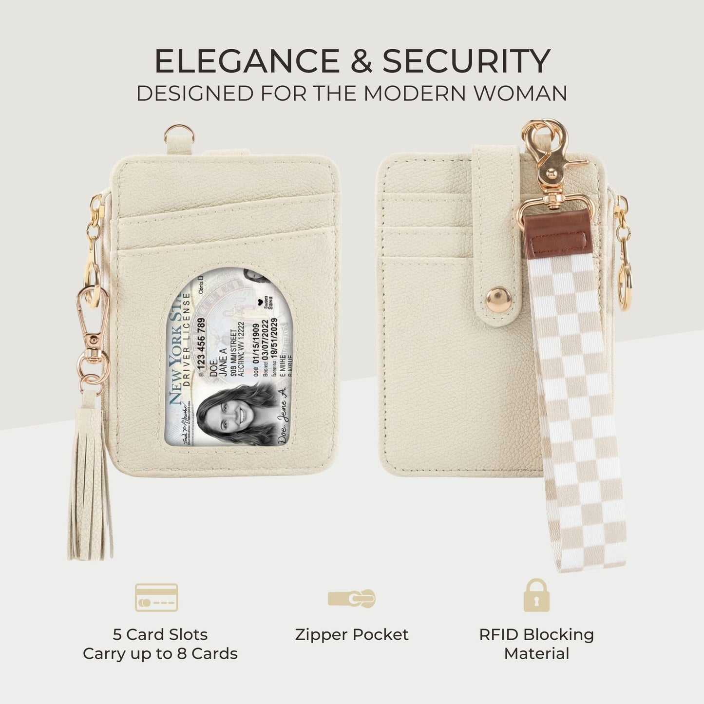 Stylish Wristlet Keychain Wallet for Women - Slim Design Credit Card Holder w/ Plenty of Storage incl. Clear ID Window & Zipper Pocket - Easy Carry RFID Blocking Wallet w/ Tassel, Lanyard & Gold Rings