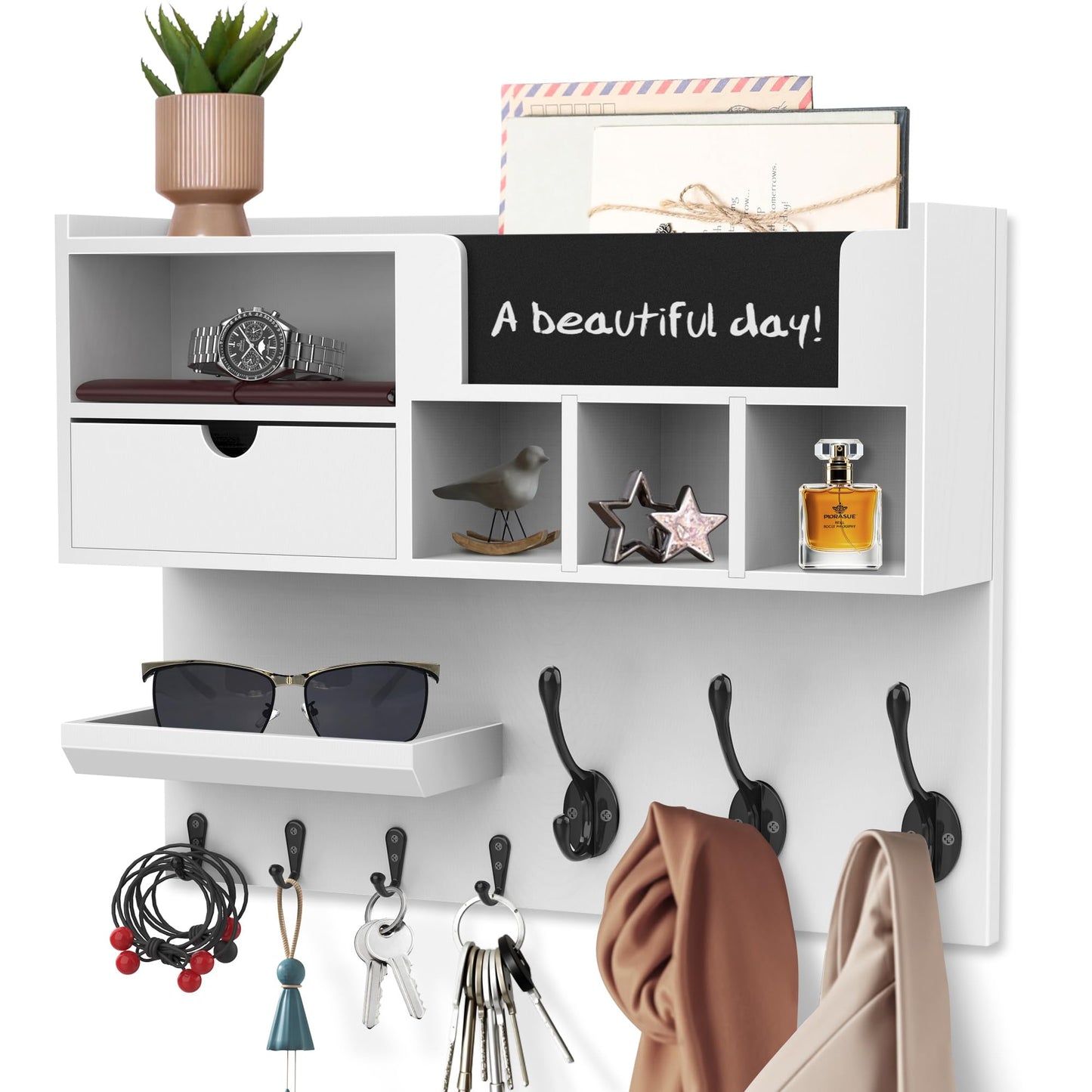 QooWare Key Holder Wall Mount with Mail Slot, Wall Key Holder with Chalkboard, Drawer & 7 Hooks, Key Hooks for Wall, Key Hanger Organizer for Entryway Keys Coats Bags, White Farmhouse