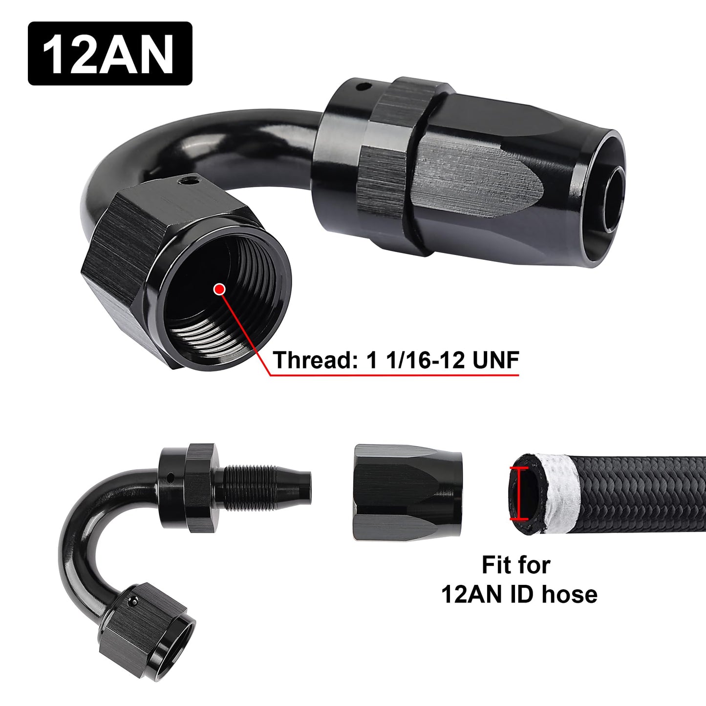 EVIL ENERGY 12AN Hose End Fitting 150 Degree Swivel for CPE Braided Fuel Hose Black