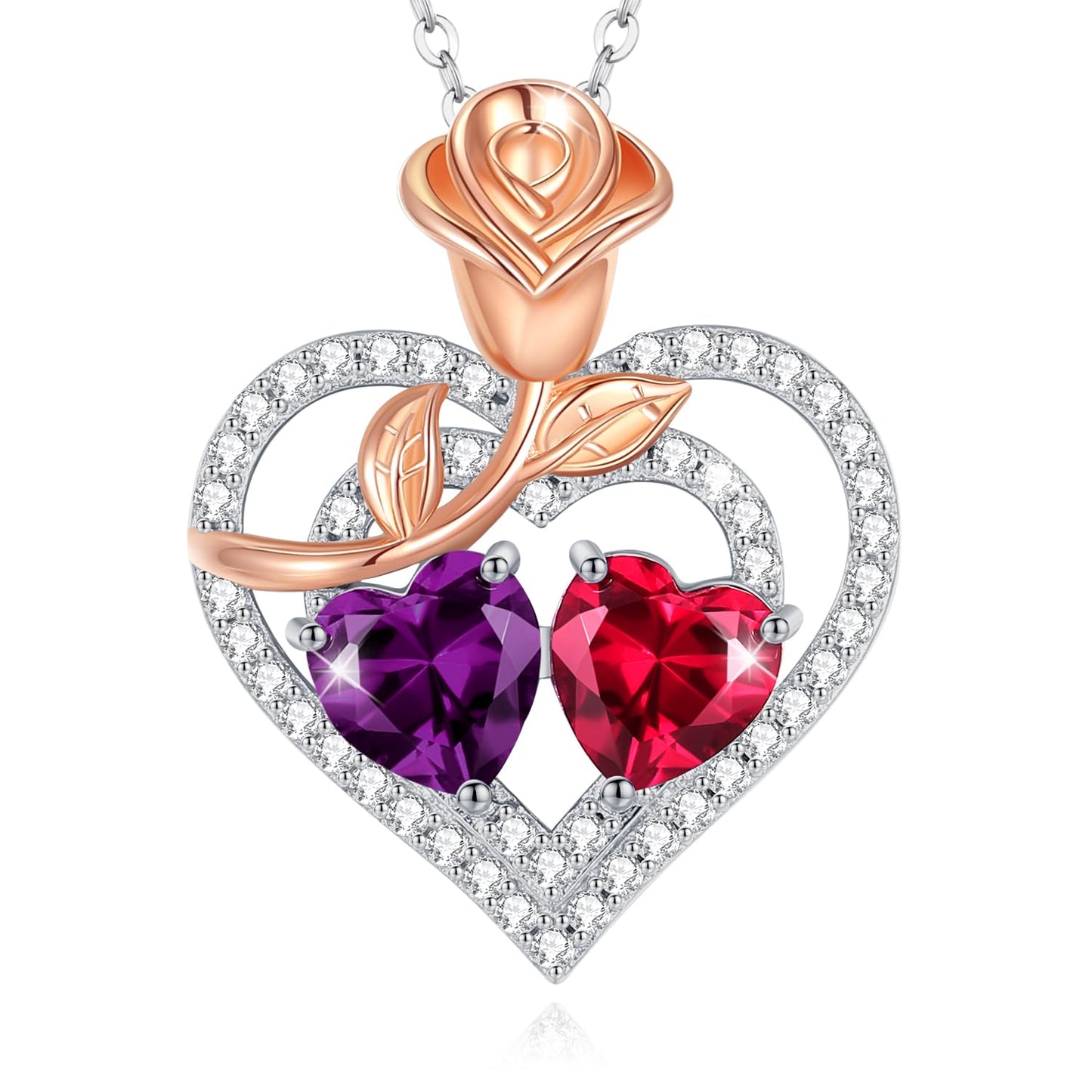AGVANA February July Birthstone Jewelry Amethyst Ruby Necklace Sterling Silver Rose Flower Heart Double Birthstone Pendant Necklace Anniversary Birthday Gifts for Women Mom Wife Lady Her