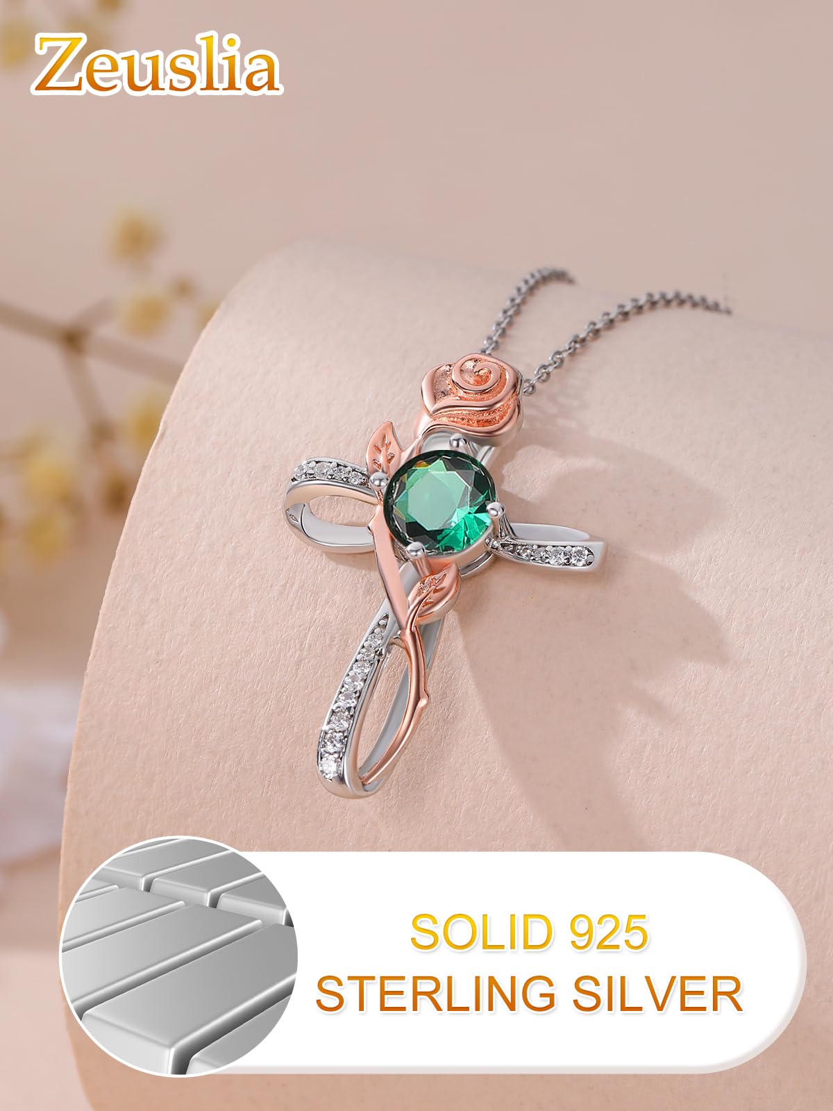 Zeuslia Cross Necklace for Women Sterling Silver Cross Pendant Jewelry with Rose Emerald May Birthstone Necklace Christian Religious Baptism First Communion Confirmation Birthday Gifts for Women