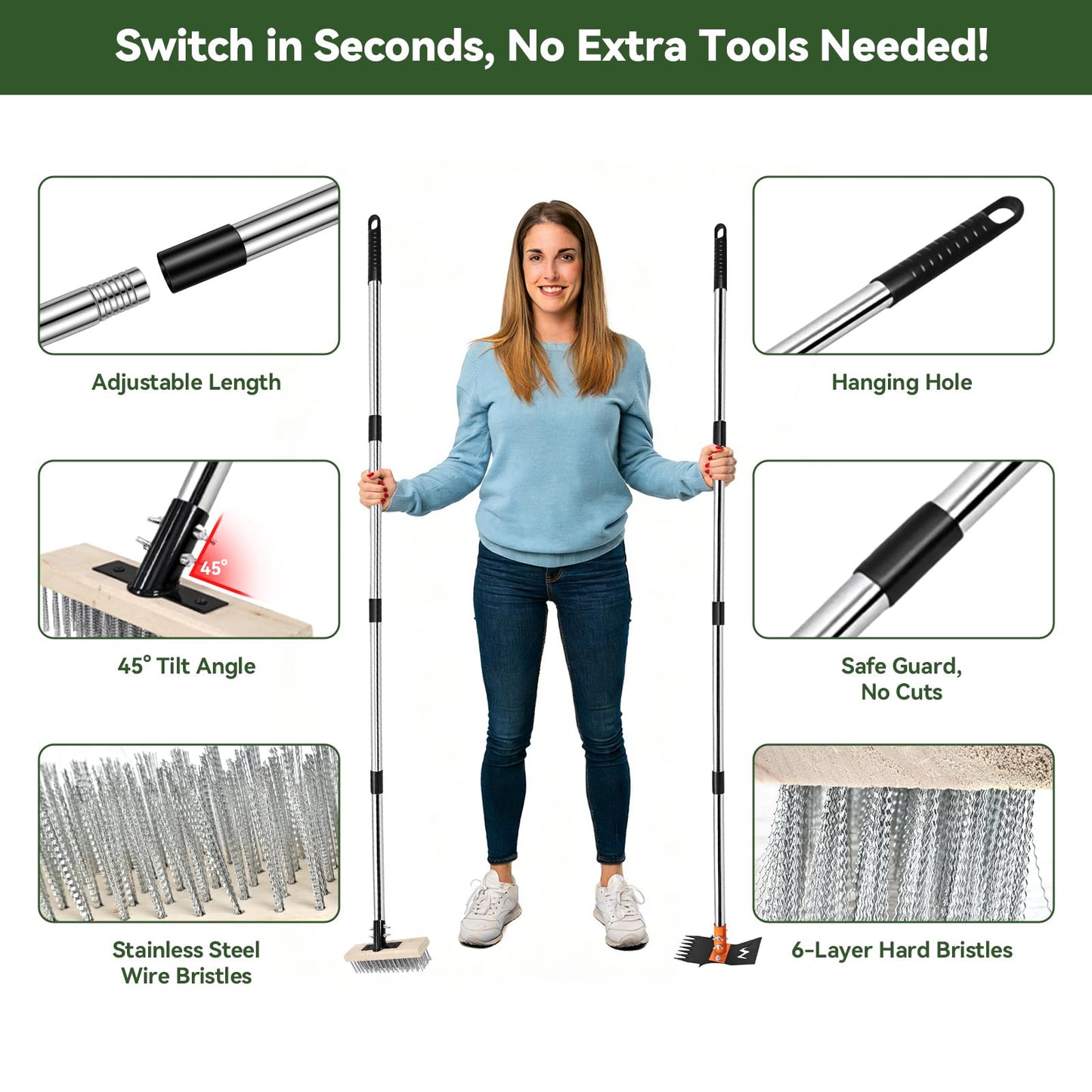 ZORSHUY 4-in-1 Weeding Tool with Hoe, Grabber, Pruning Shears & Scrub Brush,Garden Hoe & Weed Puller Tool with Long Handle,Dandelion Heavy Duty Uprooting Tool for Lawn Yard Garden