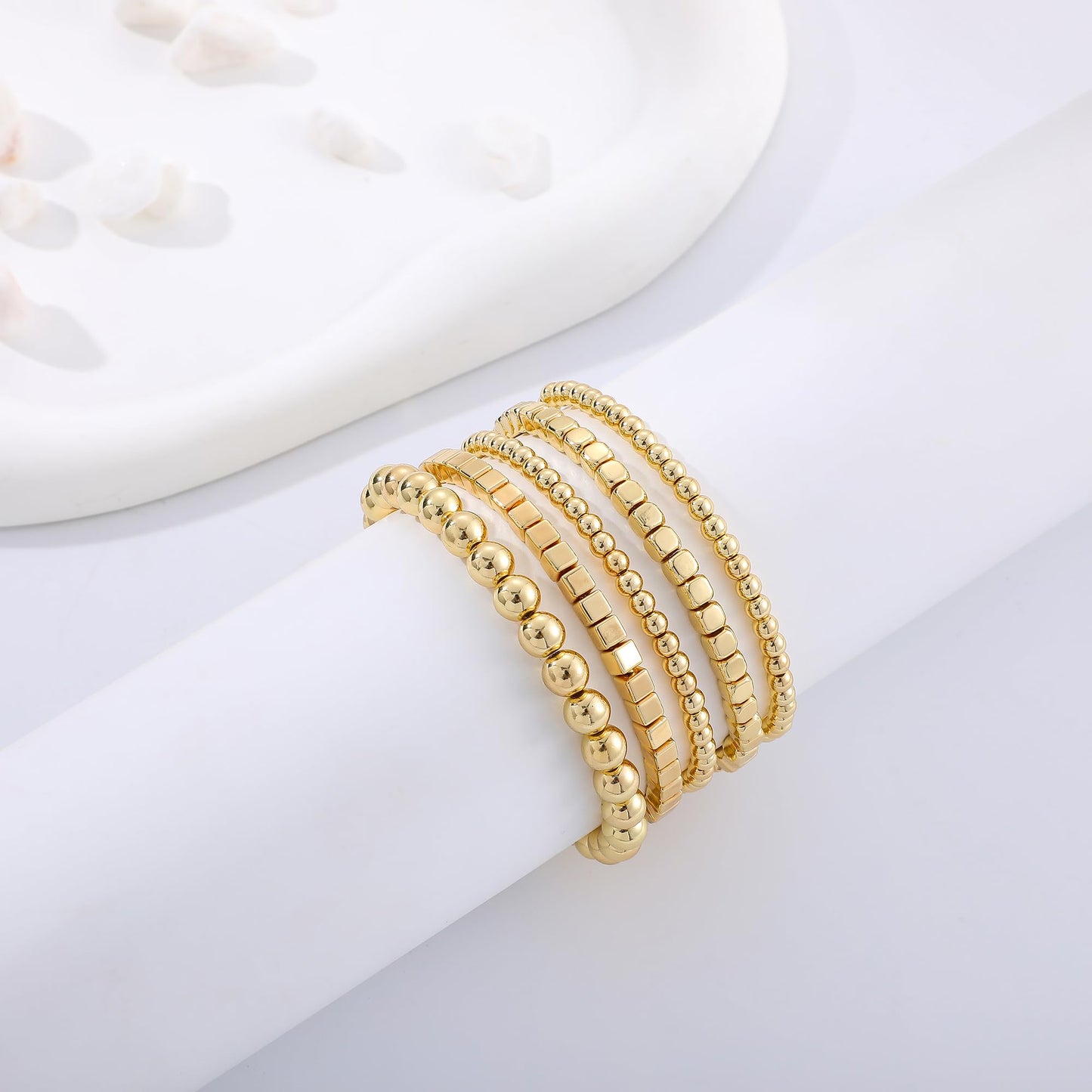Sajidos Gold Plated Beaded Bracelets for Women Trendy, 14K Gold Plated Stack Cross Pearl Gold Plated Bead Stretch Bracelets Set Elastic Hypoallergenic Bracelets Jewelry Gifts (style5-11)