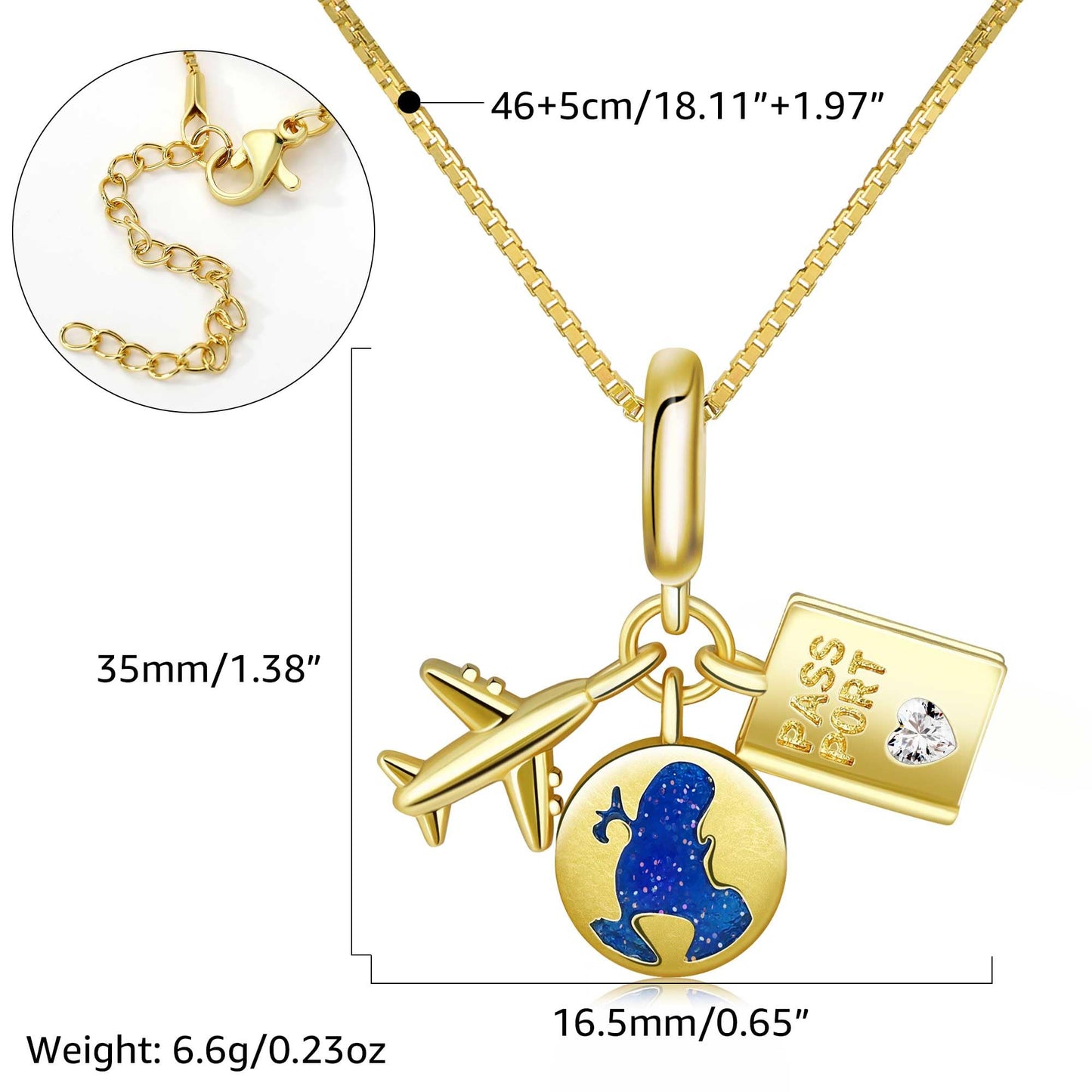 MISS RIGHT Charm Necklace for Women 18K Gold Plated World Travel Pendant Passport Airplane Earth Charms Necklace, Travel Jewelry Gifts for Women PASSPORT