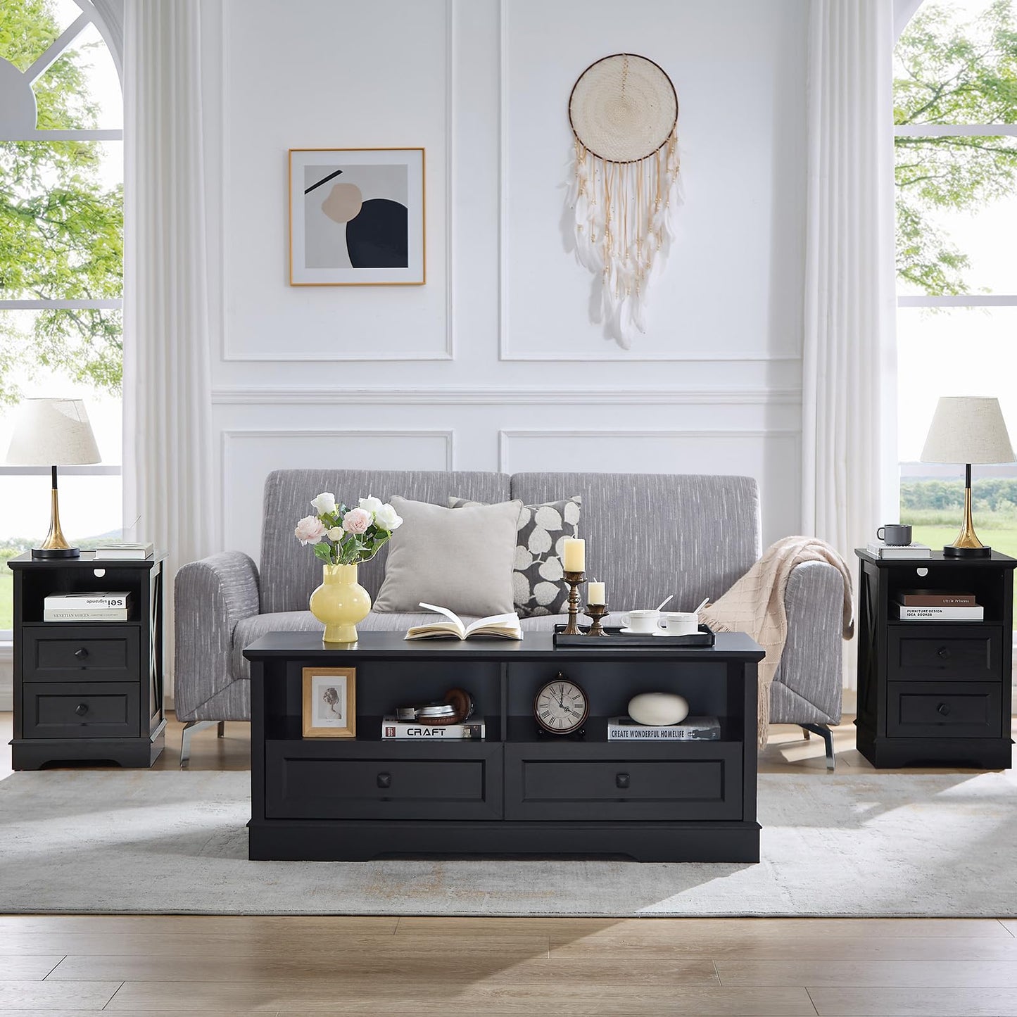 48" Farmhouse Coffee Table for Living Room, Wood Coffee Table with Storage, Rustic Rectangular Black Table Center Table with 2 Drawers for Office, Large Tabletop Dining Table for Home Living Room