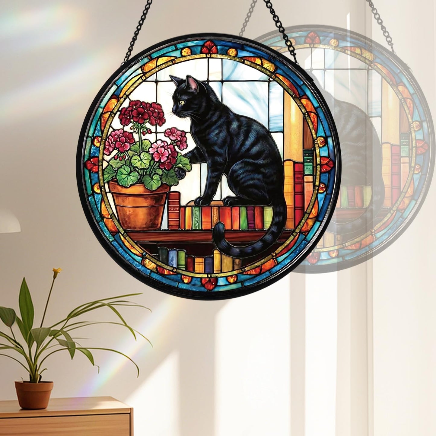 Riletese Stained Glass Window Hanging, Black Cat Themed Stained Glass Suncatcher, Window Decor, Black Cat Design Decorative Gift for Women, Couples, Best Friend, Family, Colleague, Classmate 7.8 Inch