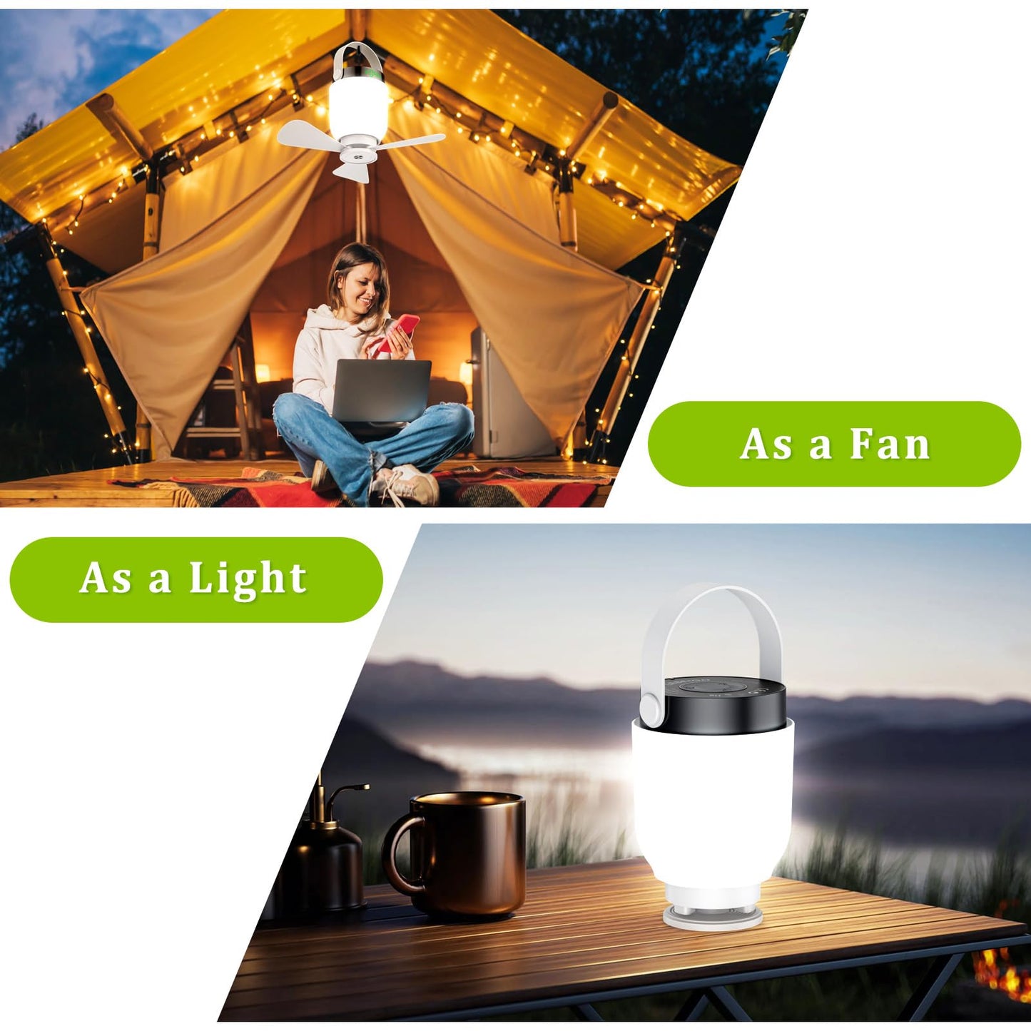 Rechargeable Camping Fan with LED Lantern, 2 in 1 Portable Small Ceiling Fan with Light for Outdoor Tent Gazebo Patio RV, USB C Battery Powered White Fan with Remote, Detachable 3 Blade Hanging Fan