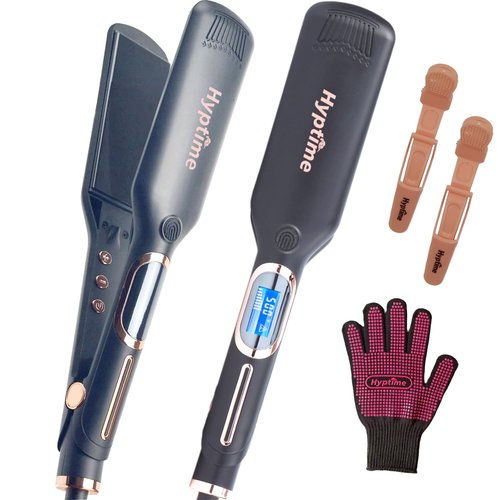 HYPTIME Wide Flat Iron Titanium Straightener Digital Display to Accurately Control Temperature, 2 Inch for Thick & Curly Hairs Professional, Dual Voltage 500°F Fast Heating for Black Hair Friendly