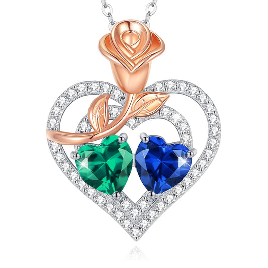 AGVANA May September Birthstone Jewelry Emerald Sapphire Necklace Sterling Silver Rose Flower Heart Double Birthstone Pendant Necklace Anniversary Birthday Gifts for Women Mom Wife Lady Her