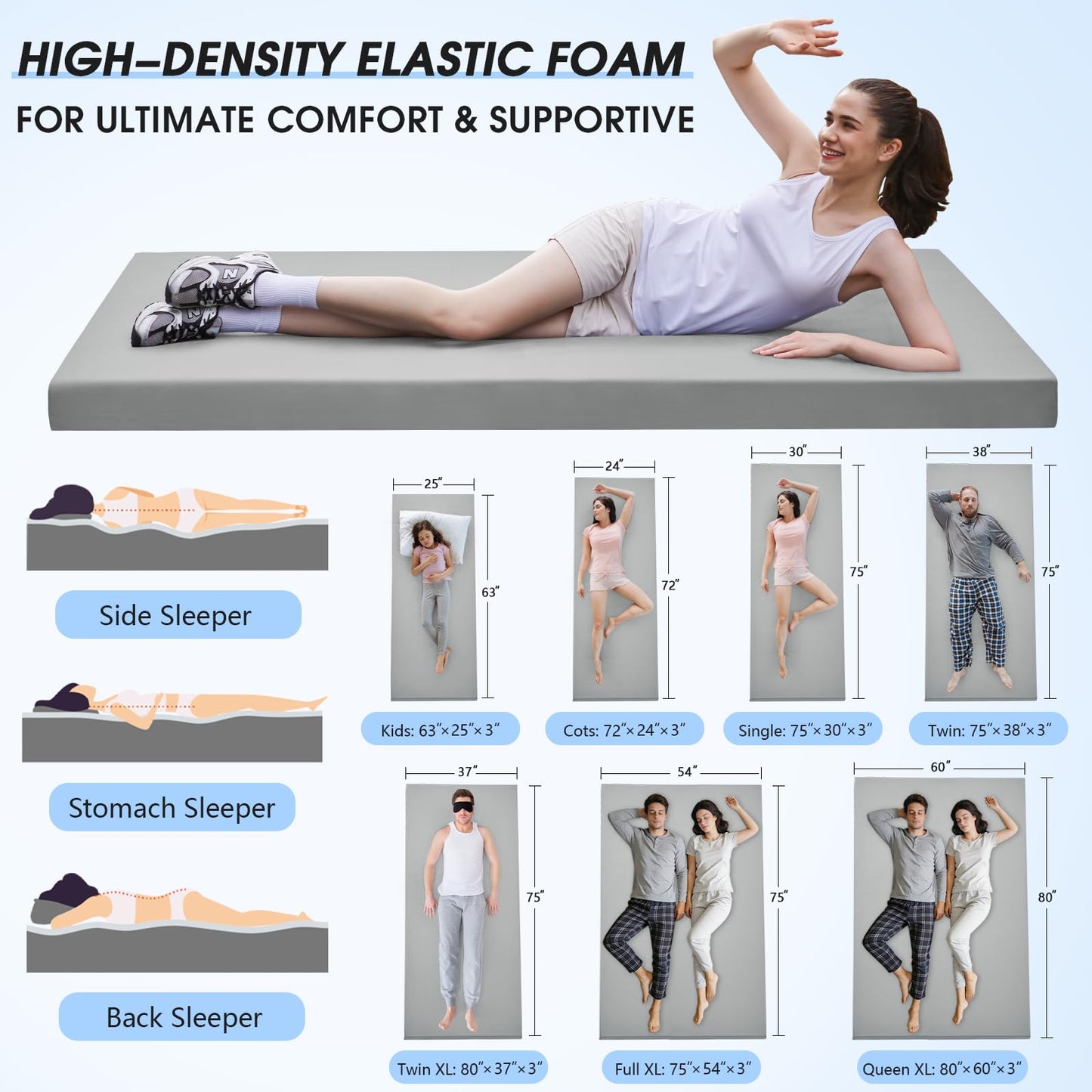 CYMULA Memory Foam Camping Mattress Pad,3 in Sleeping Pad for Camping Non-Slip Bottom Floor Cot Mattress for Adults,Portable Roll up Mattress Pad Mat for Car Travel Guest Bed Tent(Twin XL 80 * 37)
