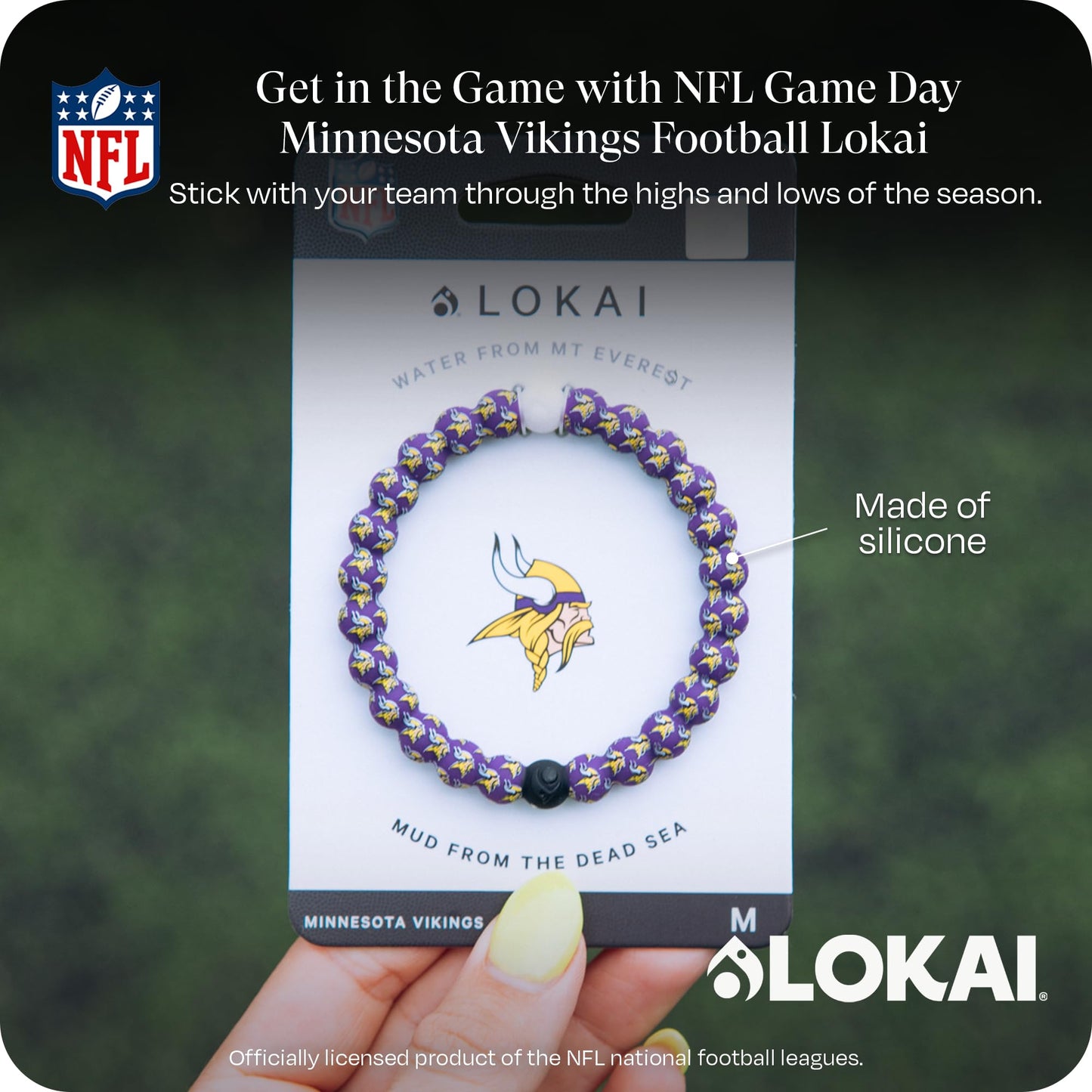 Lokai Silicone Beaded Bracelet for Men & Women, NFL Football Collection - Minnesota Vikings, Logo, Medium - Silicone Jewelry Fashion Bracelet Slides-On for Comfortable Fit