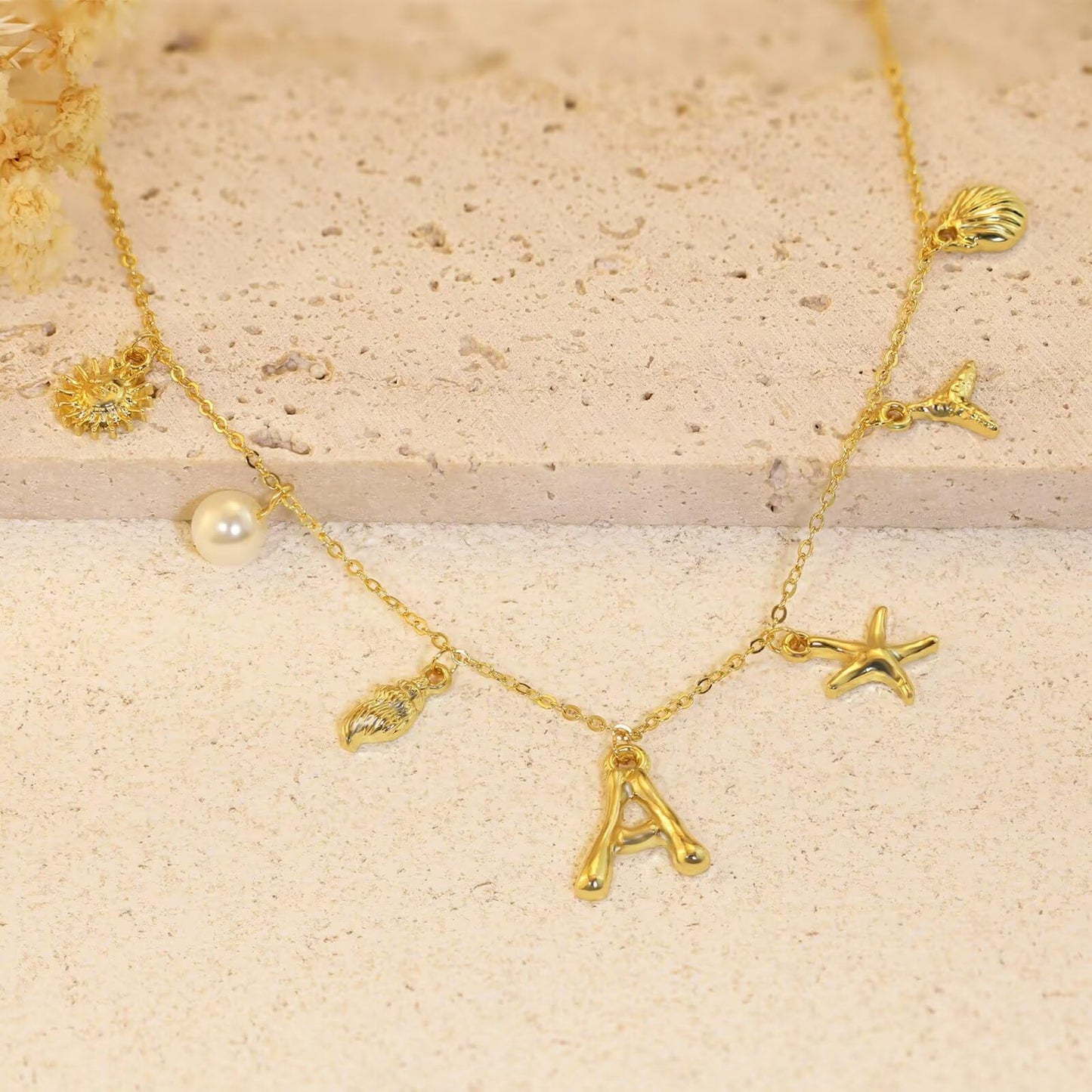 JALZEMPL Initial Charm Necklace For Women Shell Seashell Summer Beach Letter 14K Gold Plated Pendant Starfish Surfer Boho Jewelry Gifts (K)