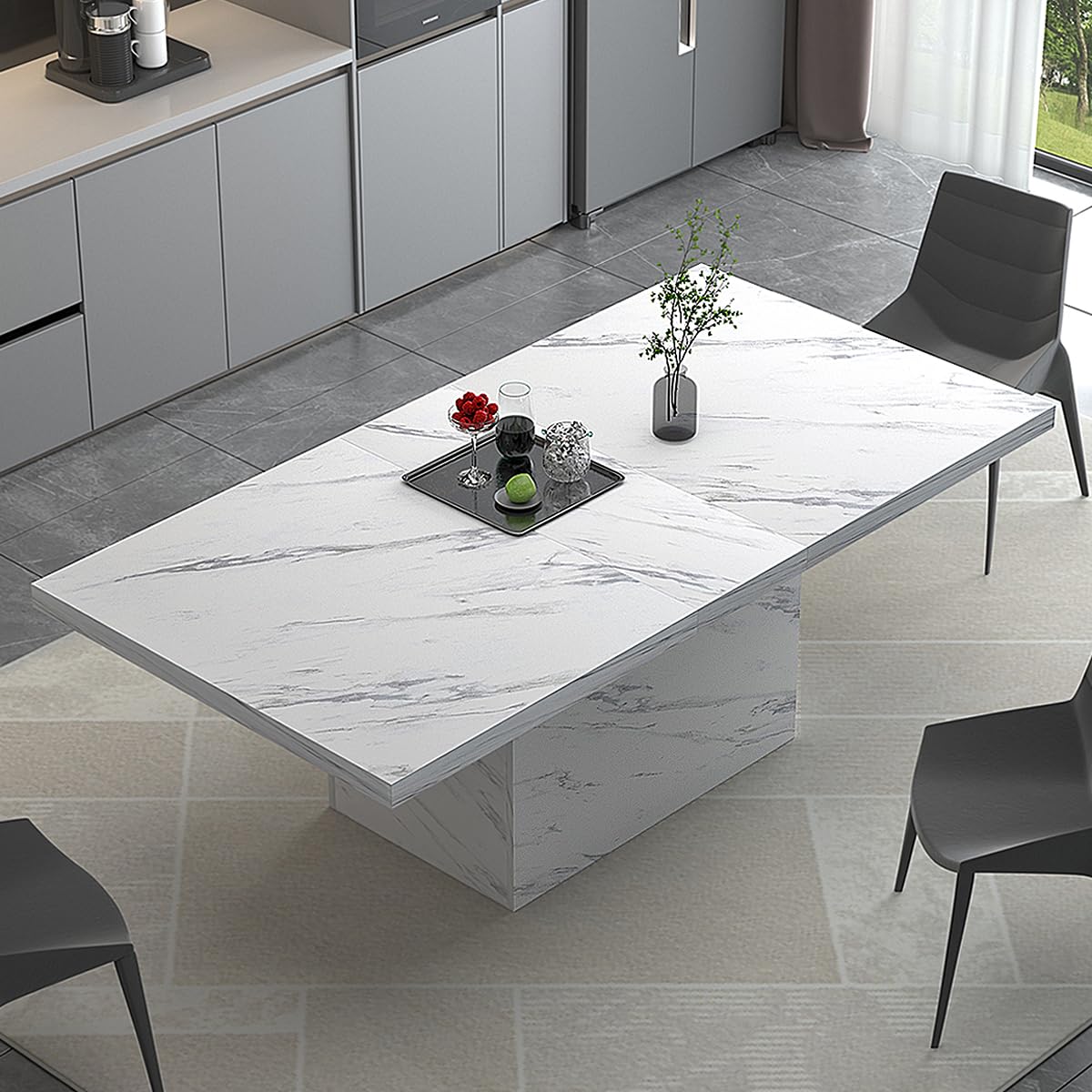 HSH 71” White Faux Marble Dining Table, Rectangle Modern Dinner Kitchen Table for 6-8, Farmhouse Long Kitchen Furniture for Living Room, Industrial Wood Dining Room Table with Sturdy Base