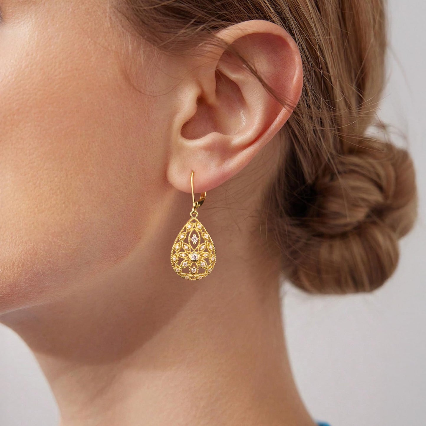 14K Gold Earrings for Women Trendy Filigree Teardrop Dangle Earrings Gold Hypoallergenic Leverback Cubic Zirconia Drop Earring for Jewelry Gifts