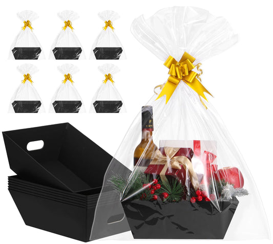AFOROEOA 10PACK Black Baskets For Gifts Empty, 10x12”Thick Kraft Gift Basket with 10 Bows 10 Bags Empty Gift Baskets for Christmas, Easter, Birthdays, Snacks, Farmers Market
