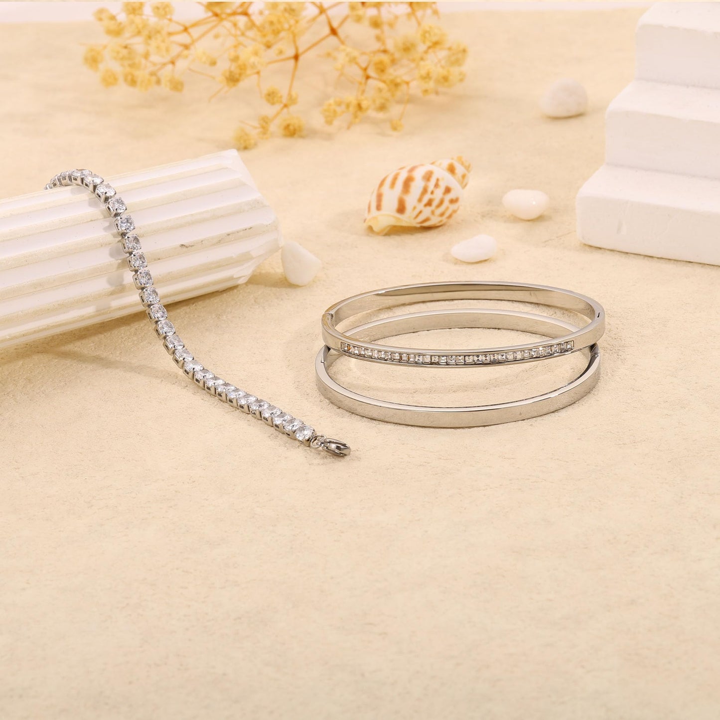 Camhanno Stackable Silver Bracelets for Women Stainless Steel Love & Friendship Bangle, Mothers Day Valentines Birthday Christmas Jewelry Gifts for Mom Her Wife Grandma (Silver Bracelet Stack 3pcs)