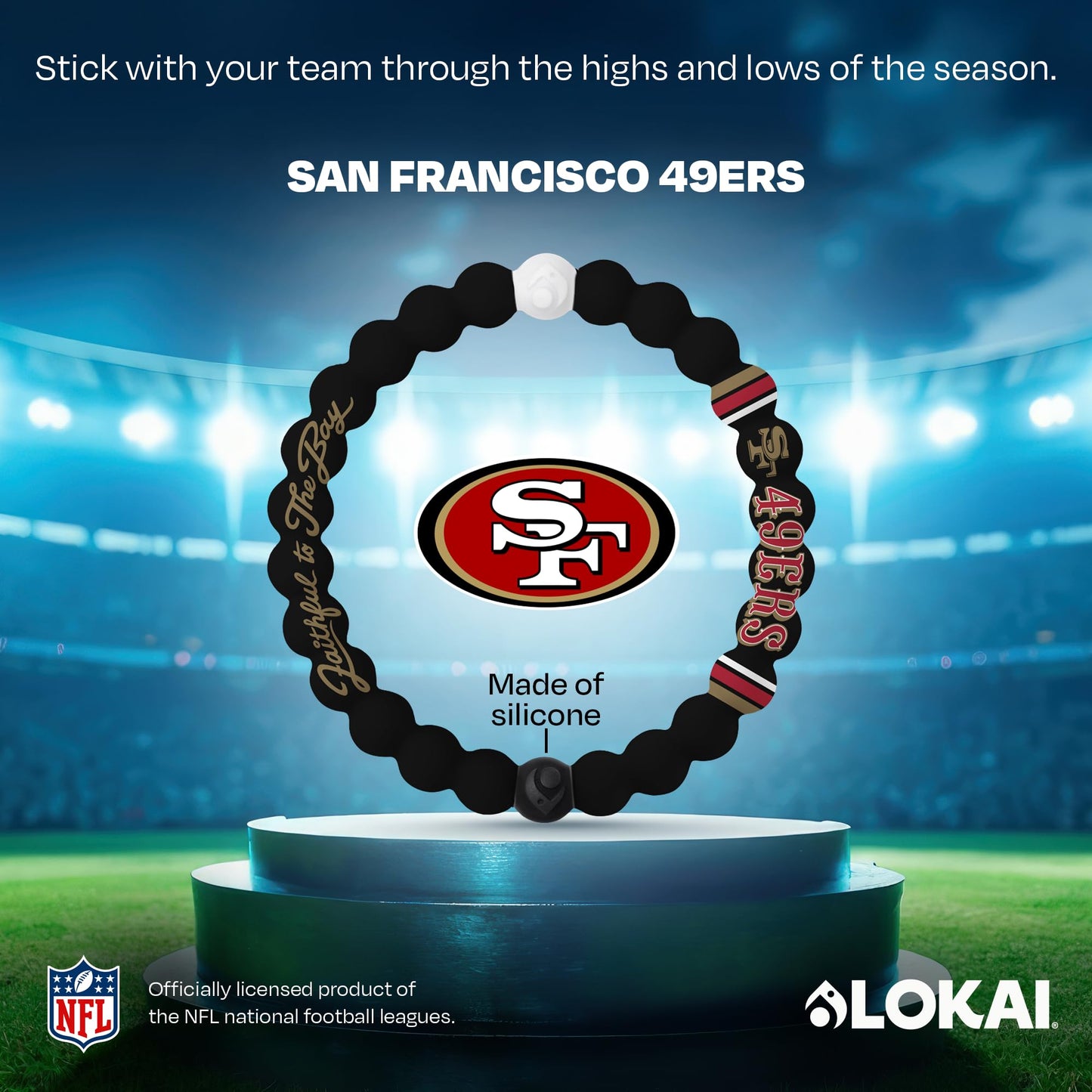 Lokai NFL Football Collection Silicone Beaded Bracelet, San Francisco 49ers Classic (Medium) - Beaded Bracelet for Women & Men, Silicone Jewelry Bracelet Slides-On for Comfortable Fit