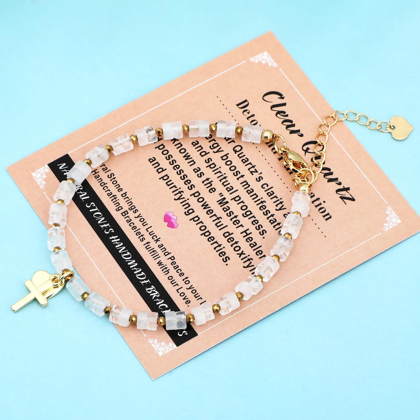 Natural Gemstone Healing Crystal Clear Crystal Dainty Charms Heart and Cross Bracelet Adjustable Chain Extender Minimalist Jewelry