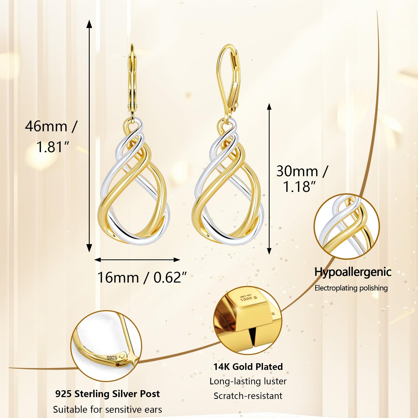 Two Tone Twisted Drop Earrings for Women, 14K Gold and Silver Plated Leverback Dangle Earrings, Hypoallergenic Mixed Metal Teardrop Earring Trendy for Women Jewelry Gifts