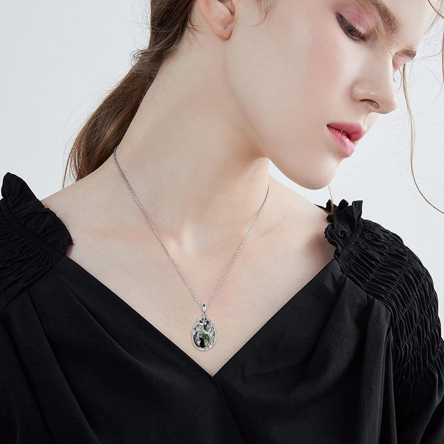 POPLYKE Moss Agate Tree of Life Black Cat Necklace for Women 925 Sterling Silver Family Tree Pendant Jewelry Birthday Gifts