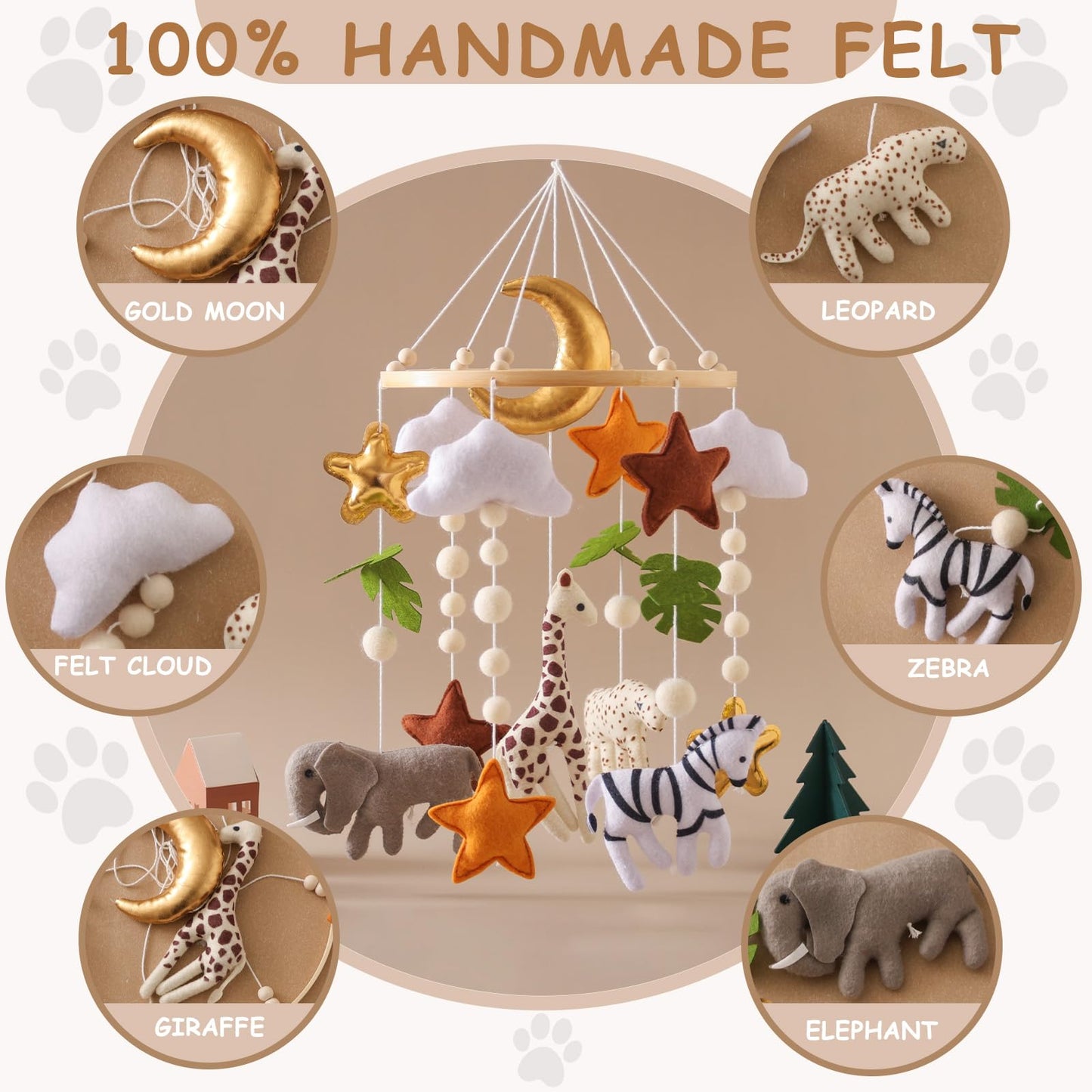 Wonderoo by Wowo Baby Mobile for Crib – Handmade Hanging Felt Nursery Mobile – Fits Most Crib Arms – Gender-Neutral Safari Animals Nursery Decor & Baby Gift