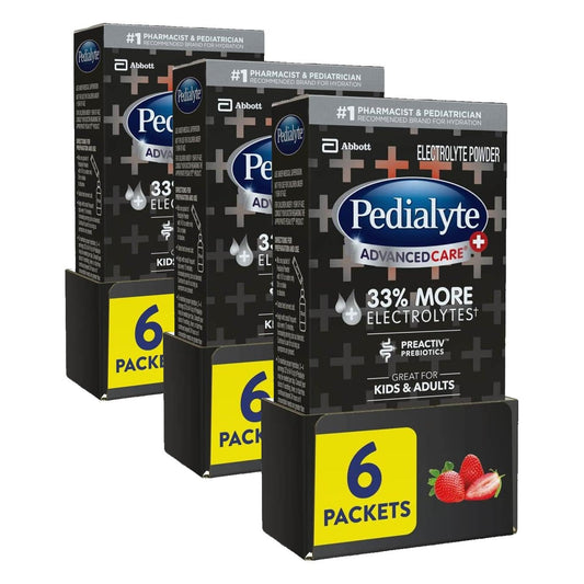 Pedialyte AdvancedCare Plus Electrolyte Powder, Has 33% More Electrolytes and PreActiv Prebiotics, Strawberry Freeze, 6 Powder Packets (Pack of 3)