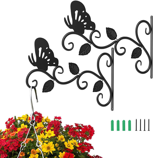 2Pack Hanging Plants Bracket Outdoor,12 Inch Plant Hooks for Hanging Baskets Wall-Mounted Gardening Bracket Hook for Bird Feeders,Flower Baskets,Lantern,(Butterfly)