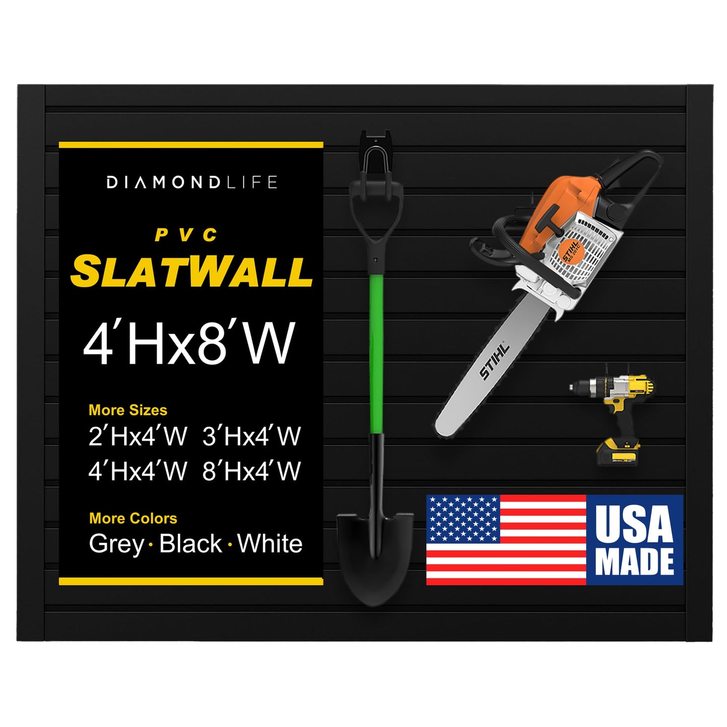 Heavy Duty 4x8 PVC Garage Slatwall Storage System (with Endcaps & Screws) - Modular Slat Wall Paneling for Garage Wall Organizer - Interlocking Slatwall Panels for Home & Commercial Use (Black)