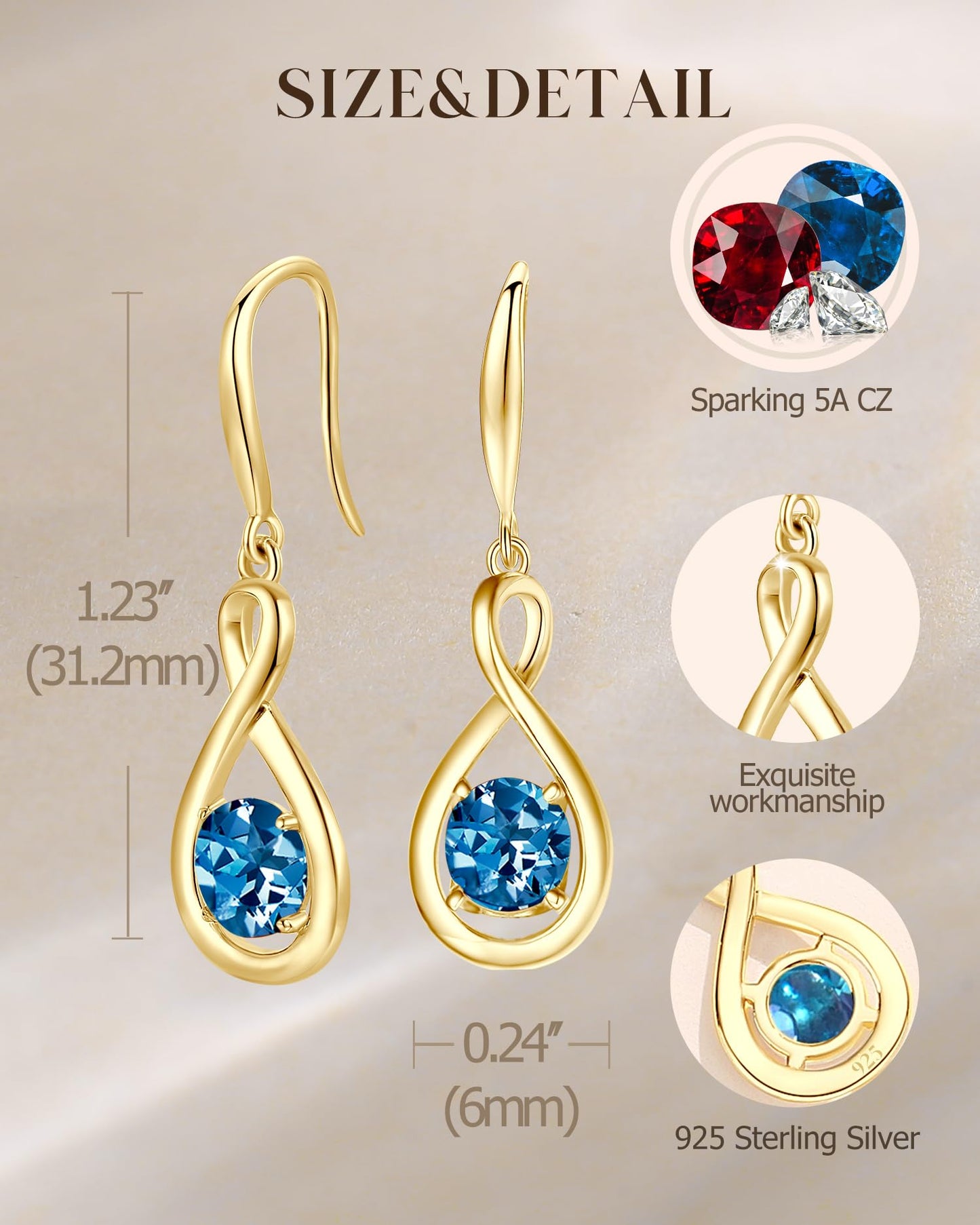 FANCIME London Blue Topaz Dangle Drop Earrings 925 Sterling Silver Yellow Gold Plated Infinity November December Birthstone Earring Fine Jewelry Birthday Mothers Day Gifts for Mom Women Her