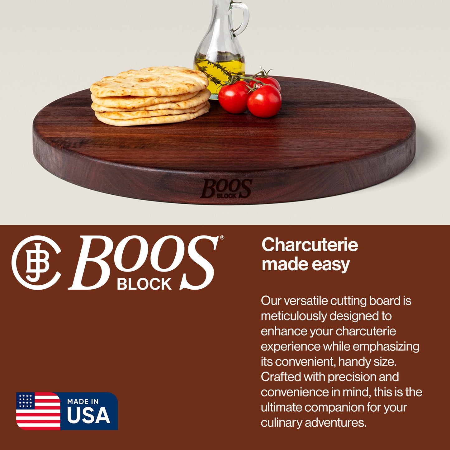 John Boos R-Board Series Round Wooden Walnut Cutting Board 18”x18” – 1.5” Thick, 9.5-lb Reversible Butcher Block with Edge-Grain – Made in the USA