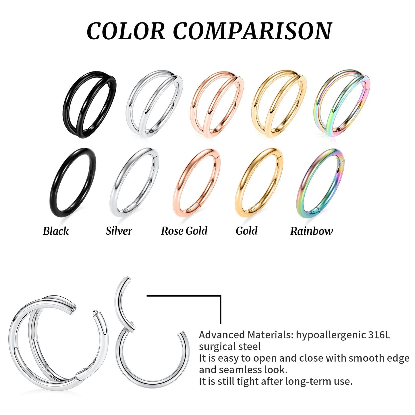 Septum Jewelry 8mm Double Hoop Rainbow Nose Rings 18 Gauge 18g Cartilage Earring Lip Rings Surgical Steel Helix Earrings Nose Piercing