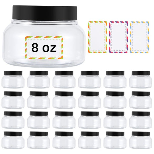 24 Pack 8 Oz Plastic Containers With Lids and Waterproof Label BPA Free - Refillable Transparent Cosmetic Containers for Body Butter,Sugar Scrubs,Cream,Lotions,Candy,Bath Salt (Clear, 8 oz)