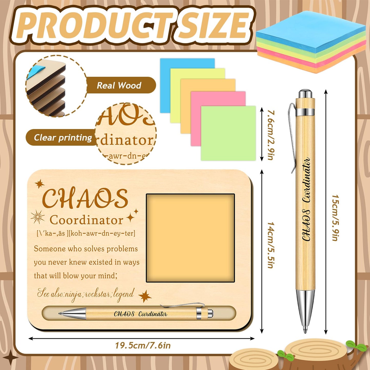 Kosiz 10 Set Chaos Coordinator Appreciation Gifts Bulk Wooden Sticky Note Holder with Notes and Ballpoint Pens Thank You Appreciation Gifts for Chaos Coordinator Team Employee Office Supplies