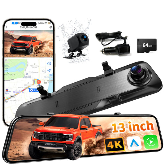 2026 Ultrawide 13’’ 4K Rear View Mirror Camera with Carplay&Android Auto, 5.8GHz WiFi Smart Rearview Mirror with Voice Control/Split Screen, 64GB Card Included,Reverse Assist//Loop Record/G-Sensor