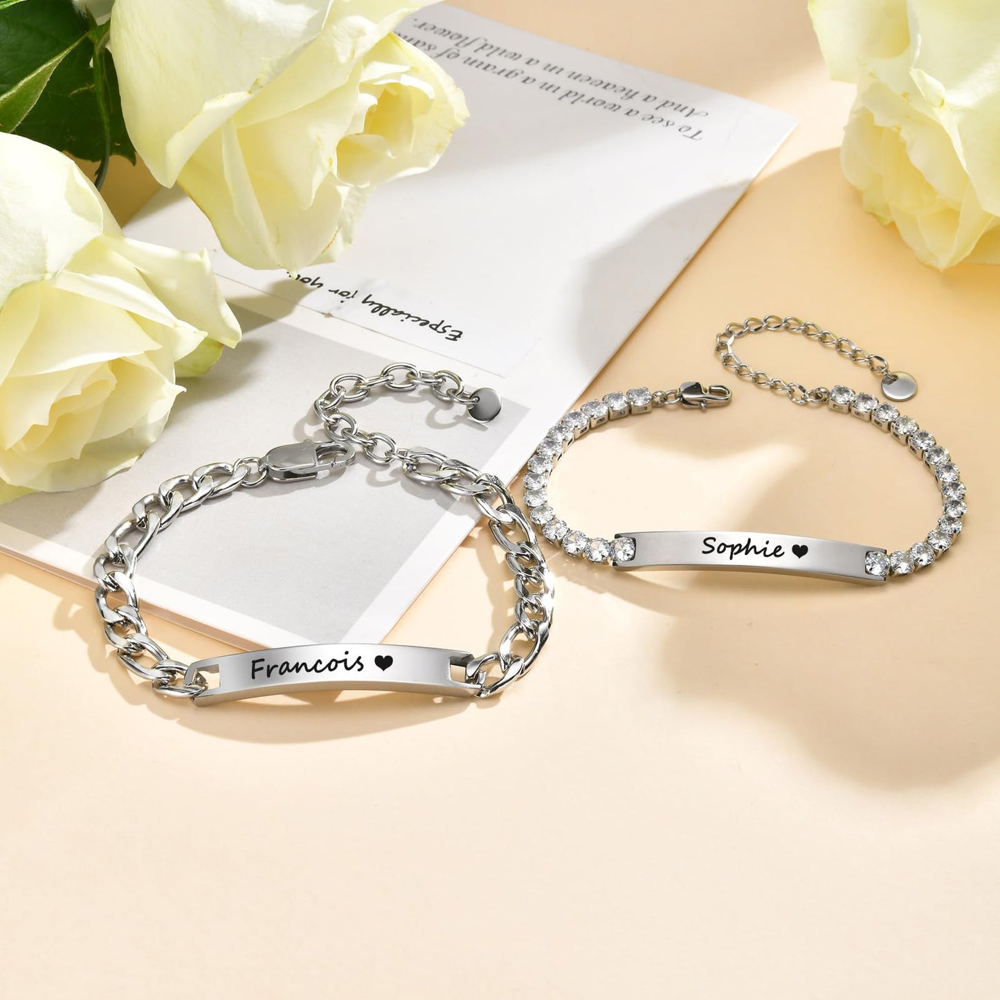 Personalized Matching Bracelet for Couple - Custom Engraving Couple Bracelet,Stainless Steel Long Distance Relationship Jewelry,Promise Bracelet for Him/Her,Valentine's Day Anniversary Birthday Gift