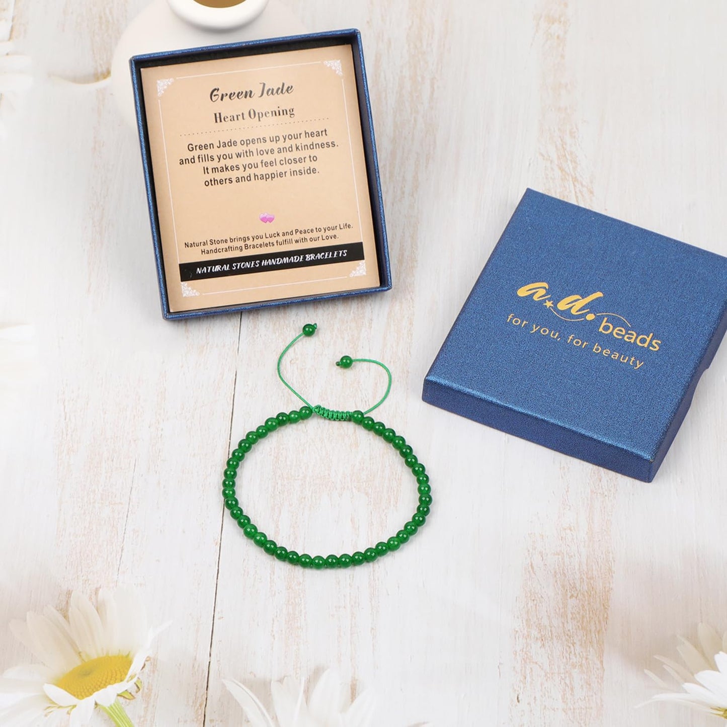 AD Beads 4mm Green Jade Bracelet - Stone of Heart Opening - Handmade Natural Stone Crystal Bracelet with Adjustable Macrame String - Yoga Healing Power Energy Gifts for Men and Women