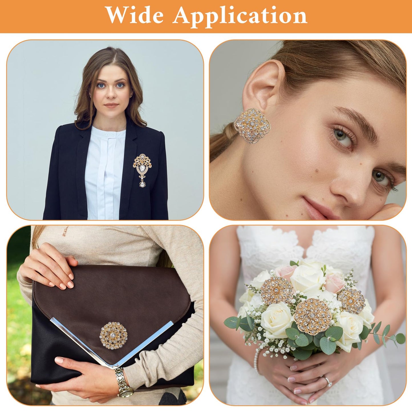 14 Pcs Crystal Flower Brooch Pin Sets Gold Crystal Brooches Pearl Wedding Bouquet kit Set for Women DIY Craft Party