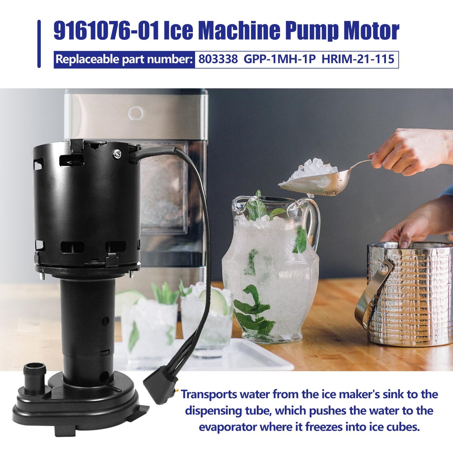 9161076-01 Ice Maker Water Pump Motor, 9161076-01 Pump compatible with Ice O Matic Ice Makers C20, C30, C40, C50, C60, Replaces 803338 GPP-1MH-1P HRIM-21-115 115V 60/50Hz