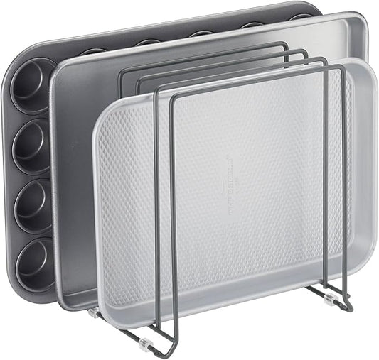 mDesign Pot Lid and Pan Rack — Metal Wire Rack for Cabinets, Pantries or Kitchen Surfaces — Freestanding Pan Stand with 5 Slots for Pans, Pots, Lids and Crockery — Dark Grey