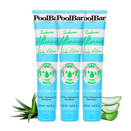 PoolBar Sundowner Aftersun Body Lotion for Women & Men Skin Care, Hydration & Soothing Relief, Coconut & Vanilla Scent Sun Care, Enriched with Hyaluronic Acid, Shea Butter, & Aloe Vera, 200ml (3 Pack)