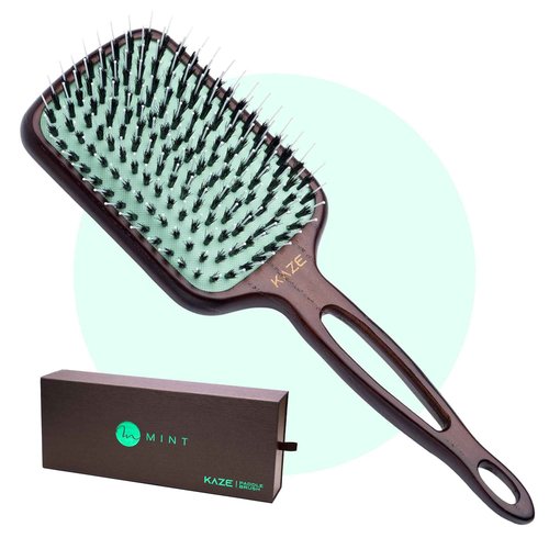 Eco-Friendly Boar Bristle Paddle Hair Brush for Women by MINT | Anti-Breakage Detangling Brush Great for Color-Treated Hair, Extensions and All Hair Types | Hand-Crafted Wooden Handle