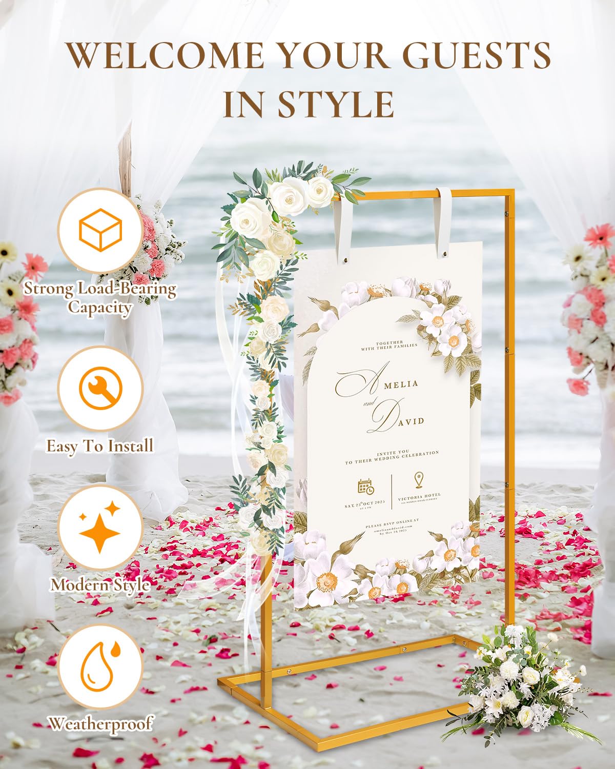 Wedding Sign Holder - Adjustable Welcome to Our Wedding Sign Stand Stand with 39 Premium Templates & Leather Straps, 64"x 30"x 20" Heavy Duty Easel Stand for Sign Display Poster, Wedding, Birthday