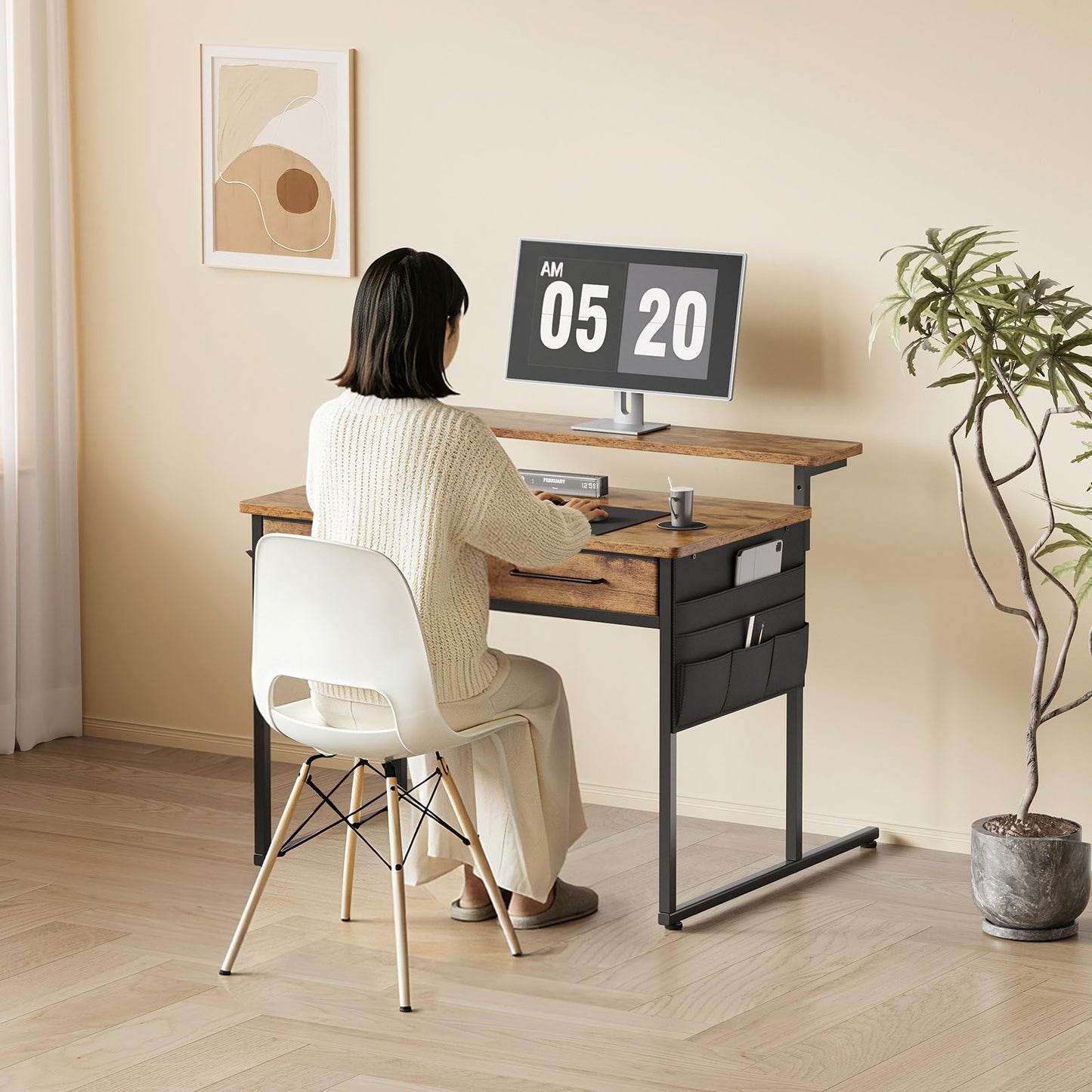 Maihail Small Desk with Drawers, 31.5X15.8-22.9 Inches Office Computer Desk with Side Pocket & Ergonomic Monitor Stand, Writing Table for Small Spaces, Bedroom, Kids Desk, Vanity Desk, Rustic Brown