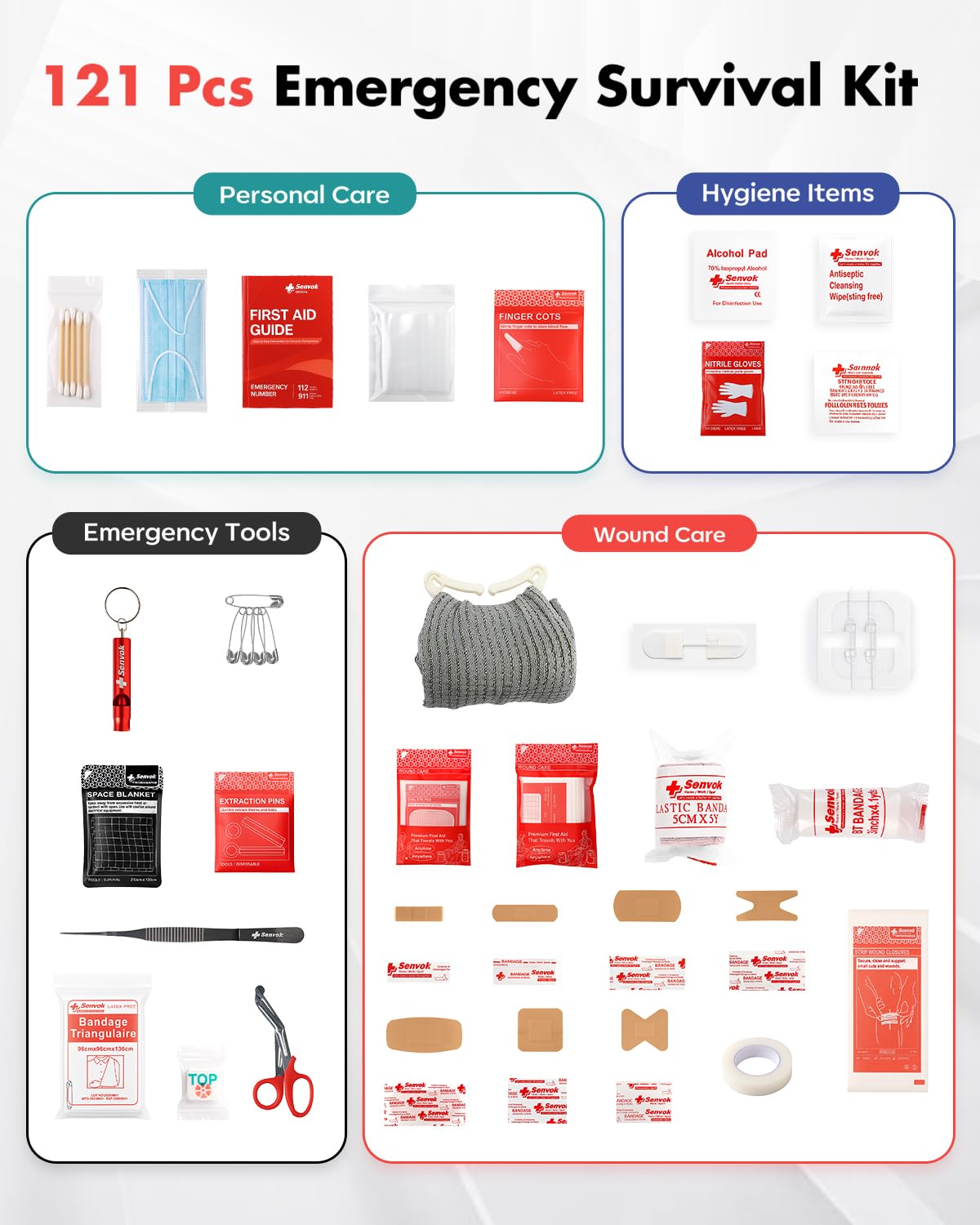 Senvok 121 Pcs First Aid Kit for Car, Home & Travel - Emergency Survival Kit with Zip Stitch Wound Closure and Molle Pack Pockets - Ideal for Camping, Hiking, Outdoor Adventures